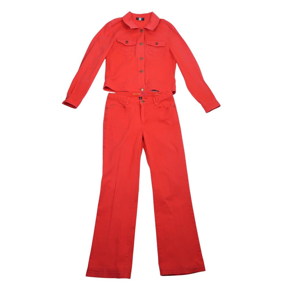 Vintage Y2K Metro Blues Coral Red Denim Jacket and Bootcut Jeans Set 8